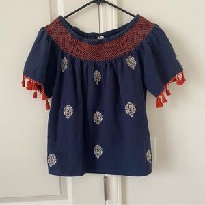 Anthropologie THML Navy Smocked Off the Shoulder Tassel Boho Peasant Top Medium
